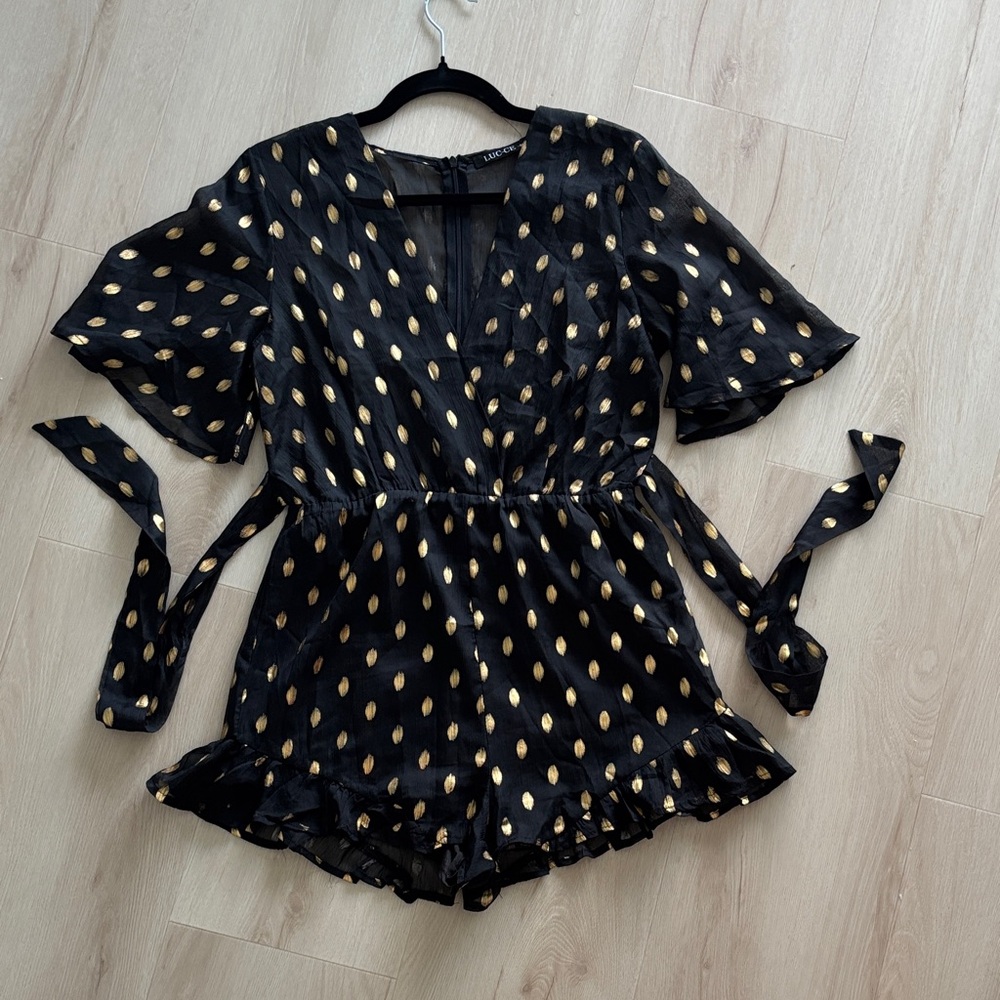 LUC-CE Black and Gold Polka Dot Romper